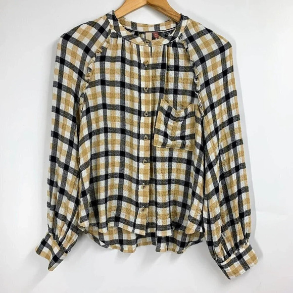 Anthropologie Tops - Anthropologie Pilcro Women's Plaid Collarless Ruffle Long Sleeve Button Up SZ S